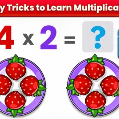 Uczymy się mnożenia do 50! 4 x 2 = 8. Dwie talerze z truskawkami pomagają w nauce.