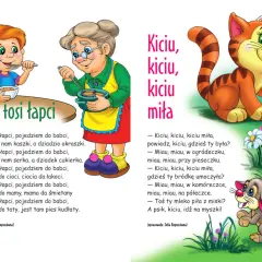 Ilustracja z wierszykami: chłopiec i babcia jedzą, kot i mysz. Fajne wierszyki krótkie o Tosi i Kiciu.