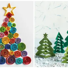 Kolorowa choinka praca plastyczna przestrzenna z papierowych spirali i zielone, wycinane choinki.