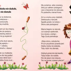 Ilustracja do wiersza "Psotna Zuzia", który uczy przysłowia dla dzieci: "Gdyby kózka nie skakała, toby nóżki nie złamała". Zuzia skacze na skakance, a potem spada.