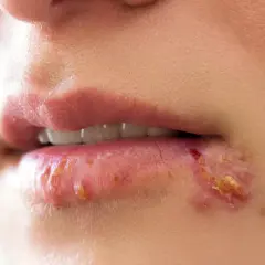 Widoczne pęcherzyki i strupki na ustach, objawy opryszczki w ciąży.