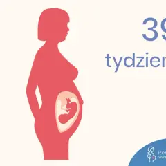 Sylwetka kobiety w ciąży, w brzuchu widoczny płód. Obok napis "39 tydzień".