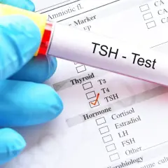 Ręka w niebieskiej rękawiczce trzyma probówkę z napisem "TSH - Test". Zaznaczono TSH na liście badań hormonalnych, co może być związane z diagnostyką tsh w ciąży.