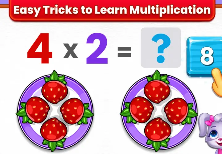 Uczymy się mnożenia do 50! 4 x 2 = 8. Dwie talerze z truskawkami pomagają w nauce.