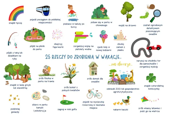 Pomysły na to, co zrobić z dzieckiem w wakacje: od tęczy po piknik, budowanie zamku z piasku i karmienie kaczek.