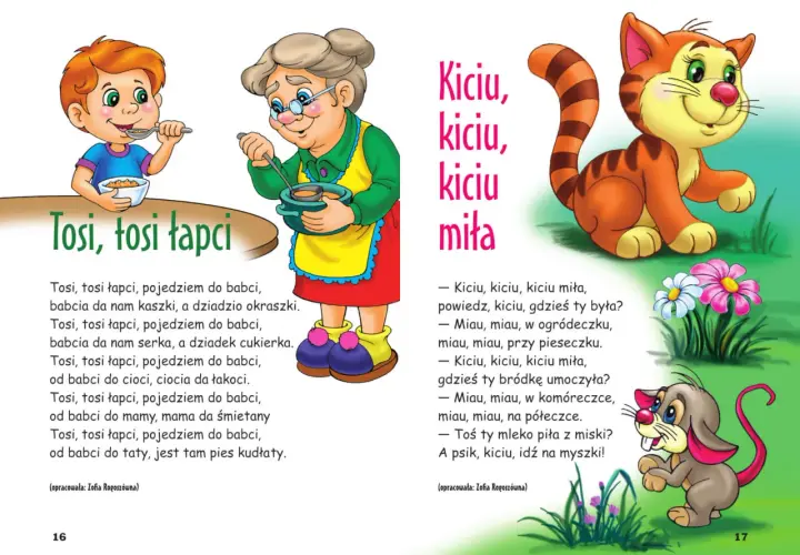 Ilustracja z wierszykami: chłopiec i babcia jedzą, kot i mysz. Fajne wierszyki krótkie o Tosi i Kiciu.