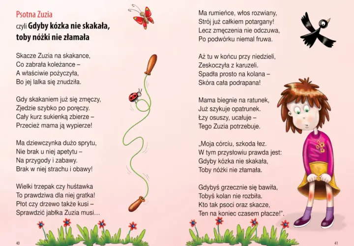 Ilustracja do wiersza "Psotna Zuzia", który uczy przysłowia dla dzieci: "Gdyby kózka nie skakała, toby nóżki nie złamała". Zuzia skacze na skakance, a potem spada.
