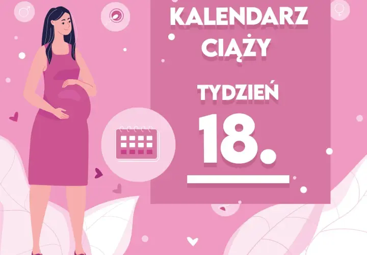Kobieta w 18 tygodniu ciąży, z brzuszkiem. Obok kalendarz i napis "Kaledarz ciąży tydzień 18".