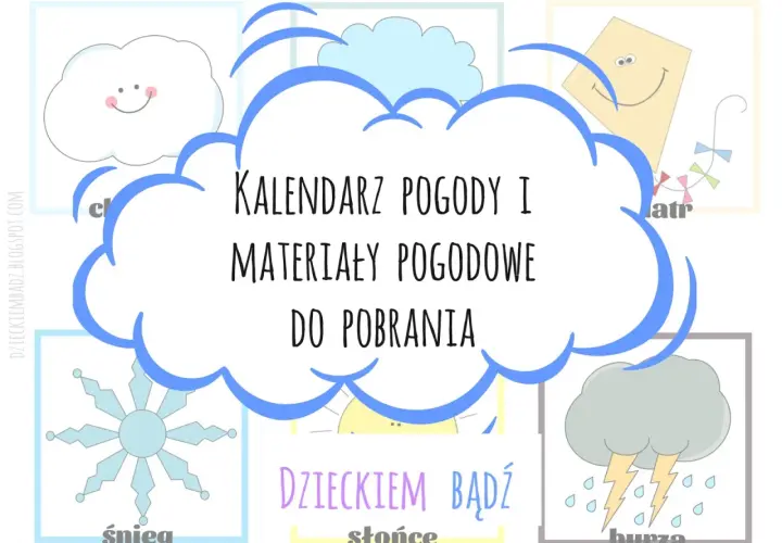 Karta obserwacji pogody z chmurkami, śnieżynką, słońcem, wiatrem i burzą. Materiały do pobrania.