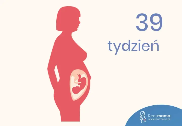 Sylwetka kobiety w ciąży, w brzuchu widoczny płód. Obok napis "39 tydzień".