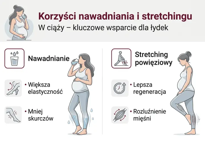 Ciąża: nawadnianie i stretching pomagają zapobiegać skurczom łydek, poprawiając elastyczność i regenerację mięśni.