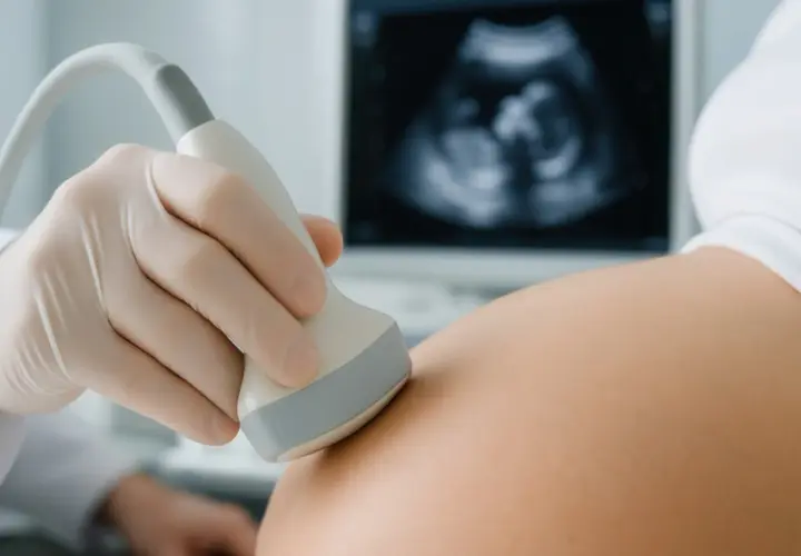 Pierwsze usg w ciąży. Dłoń w rękawiczce przykłada sondę do brzucha, na ekranie widać obraz płodu.