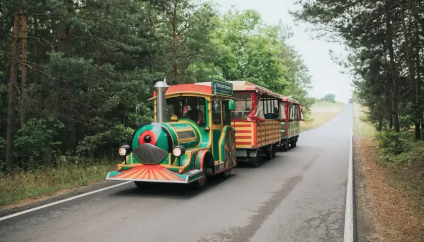Kolorowy pociąg turystyczny jedzie przez las. To świetne atrakcje dla dzieci na Jurze Krakowsko-Częstochowskiej.