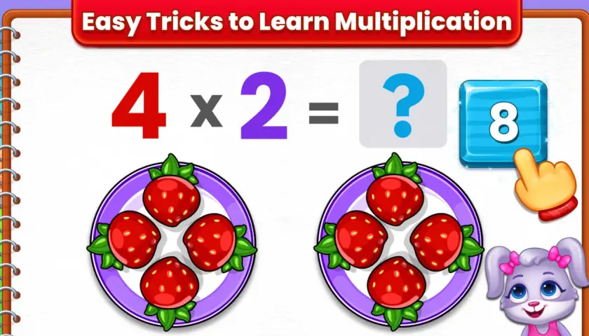 Uczymy się mnożenia do 50! 4 x 2 = 8. Dwie talerze z truskawkami pomagają w nauce.