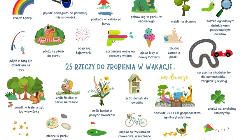Pomysły na to, co zrobić z dzieckiem w wakacje: od tęczy po piknik, budowanie zamku z piasku i karmienie kaczek.