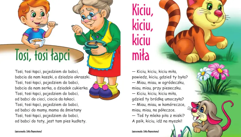 Ilustracja z wierszykami: chłopiec i babcia jedzą, kot i mysz. Fajne wierszyki krótkie o Tosi i Kiciu.