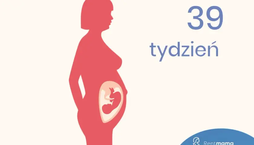 Sylwetka kobiety w ciąży, w brzuchu widoczny płód. Obok napis "39 tydzień".