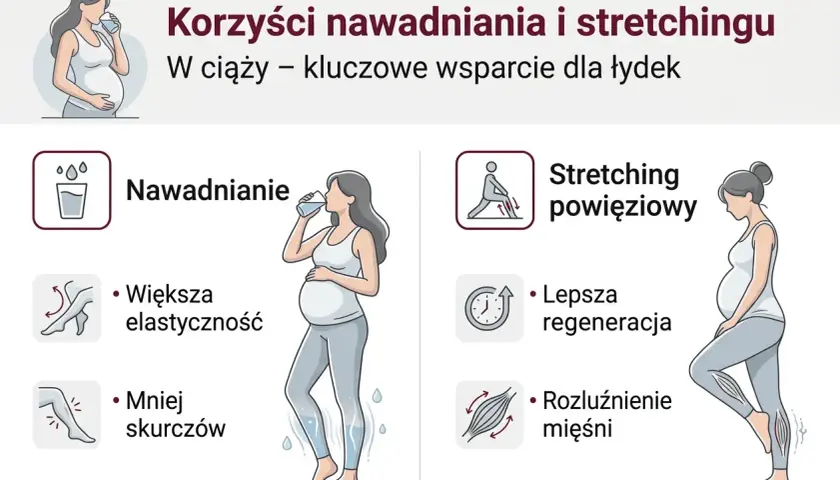 Ciąża: nawadnianie i stretching pomagają zapobiegać skurczom łydek, poprawiając elastyczność i regenerację mięśni.