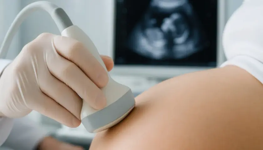 Pierwsze usg w ciąży. Dłoń w rękawiczce przykłada sondę do brzucha, na ekranie widać obraz płodu.