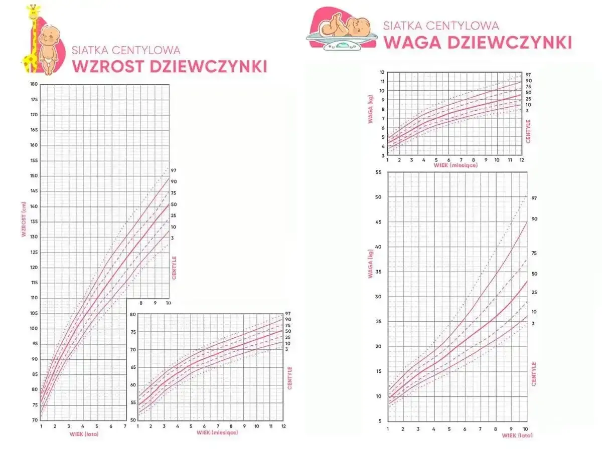 Wykresy siatek centylowych dla dziewczynek: wzrostu i wagi. Sprawdź, ile waży roczne dziecko.