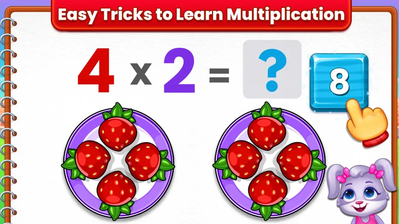 Uczymy się mnożenia do 50! 4 x 2 = 8. Dwie talerze z truskawkami pomagają w nauce.