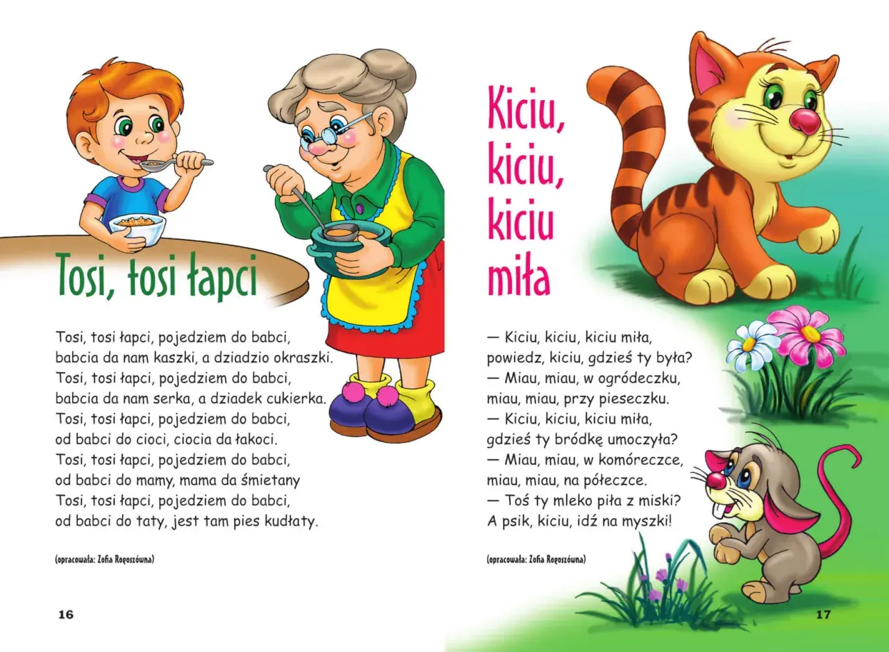 Ilustracja z wierszykami: chłopiec i babcia jedzą, kot i mysz. Fajne wierszyki krótkie o Tosi i Kiciu.