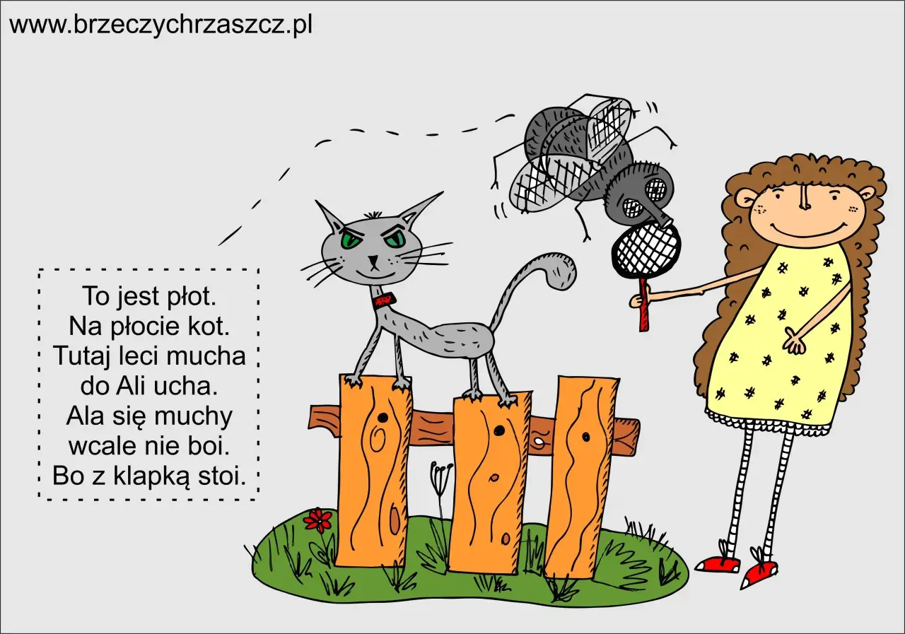 Wierszyki dyscyplinujące przedszkolaków: kot na płocie, mucha do ucha Ali, a Ala z klapką nie boi się muchy.