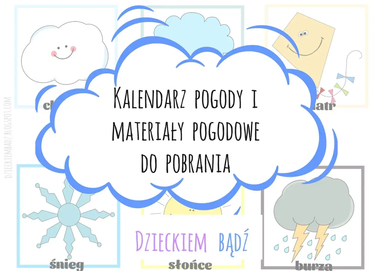 Karta obserwacji pogody z chmurkami, śnieżynką, słońcem, wiatrem i burzą. Materiały do pobrania.