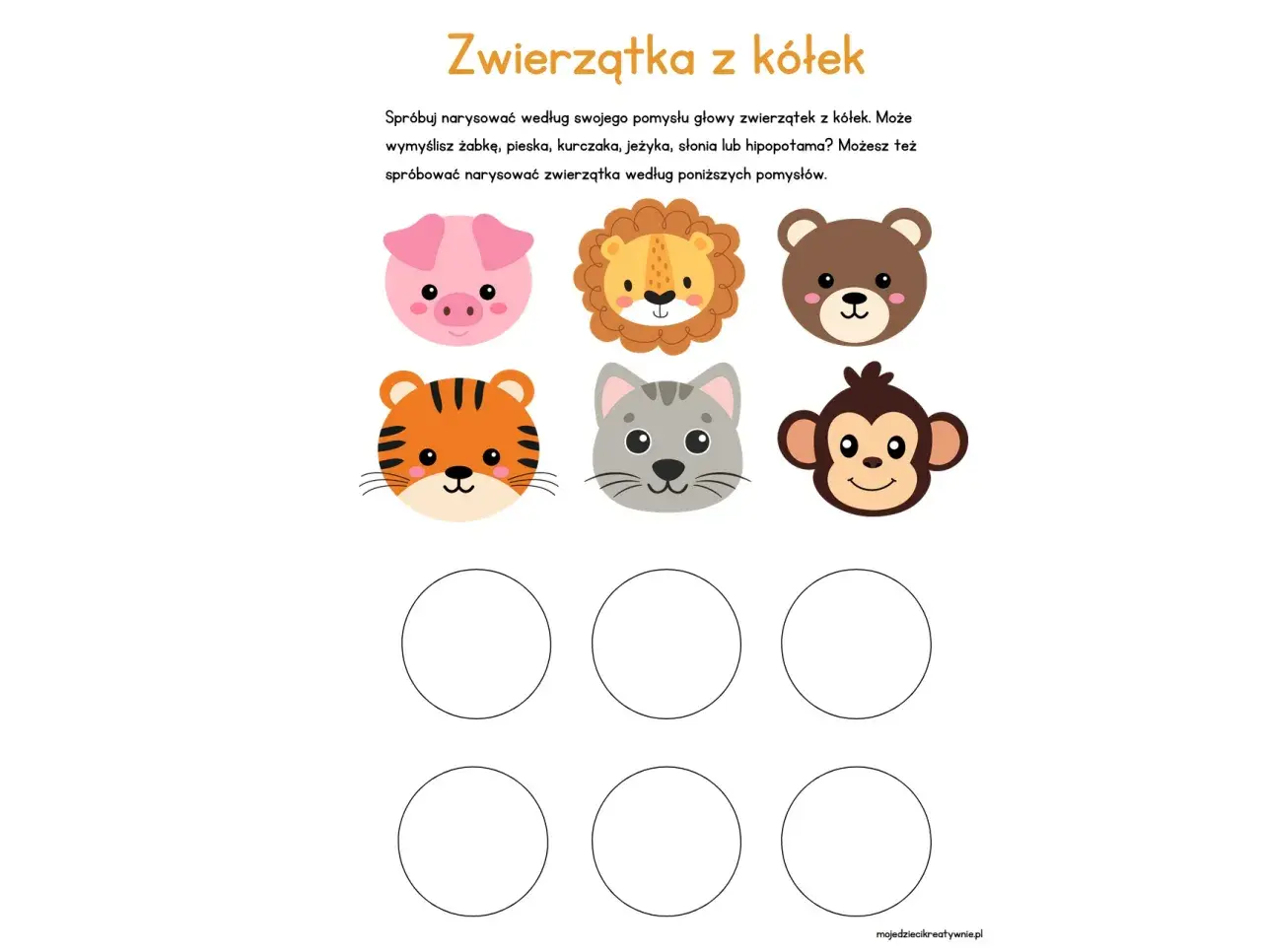 Międzynarodowy dzień kropki - pomysły na rysowanie zwierzątek z kółek: świnka, lew, miś, tygrys, kot, małpka.