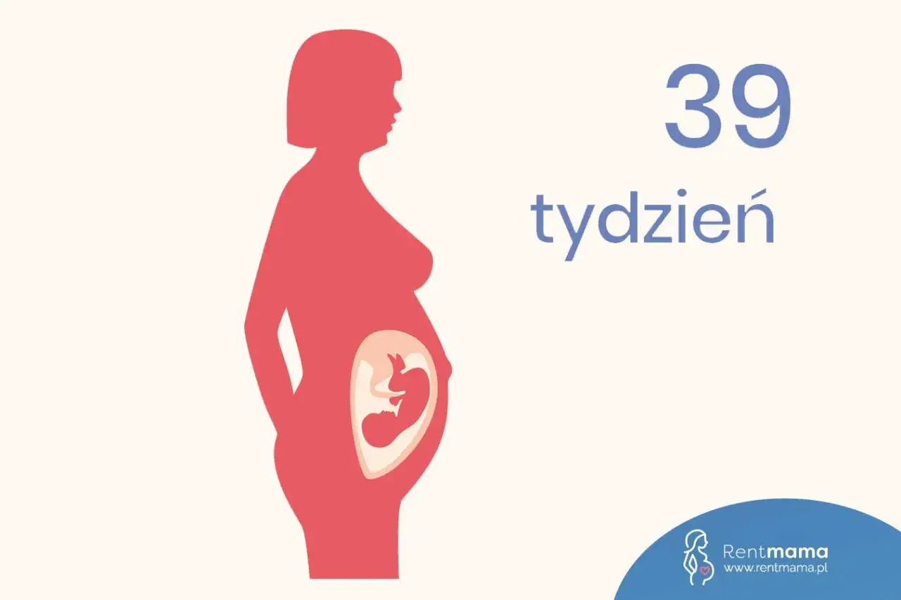 Sylwetka kobiety w ciąży, w brzuchu widoczny płód. Obok napis "39 tydzień".