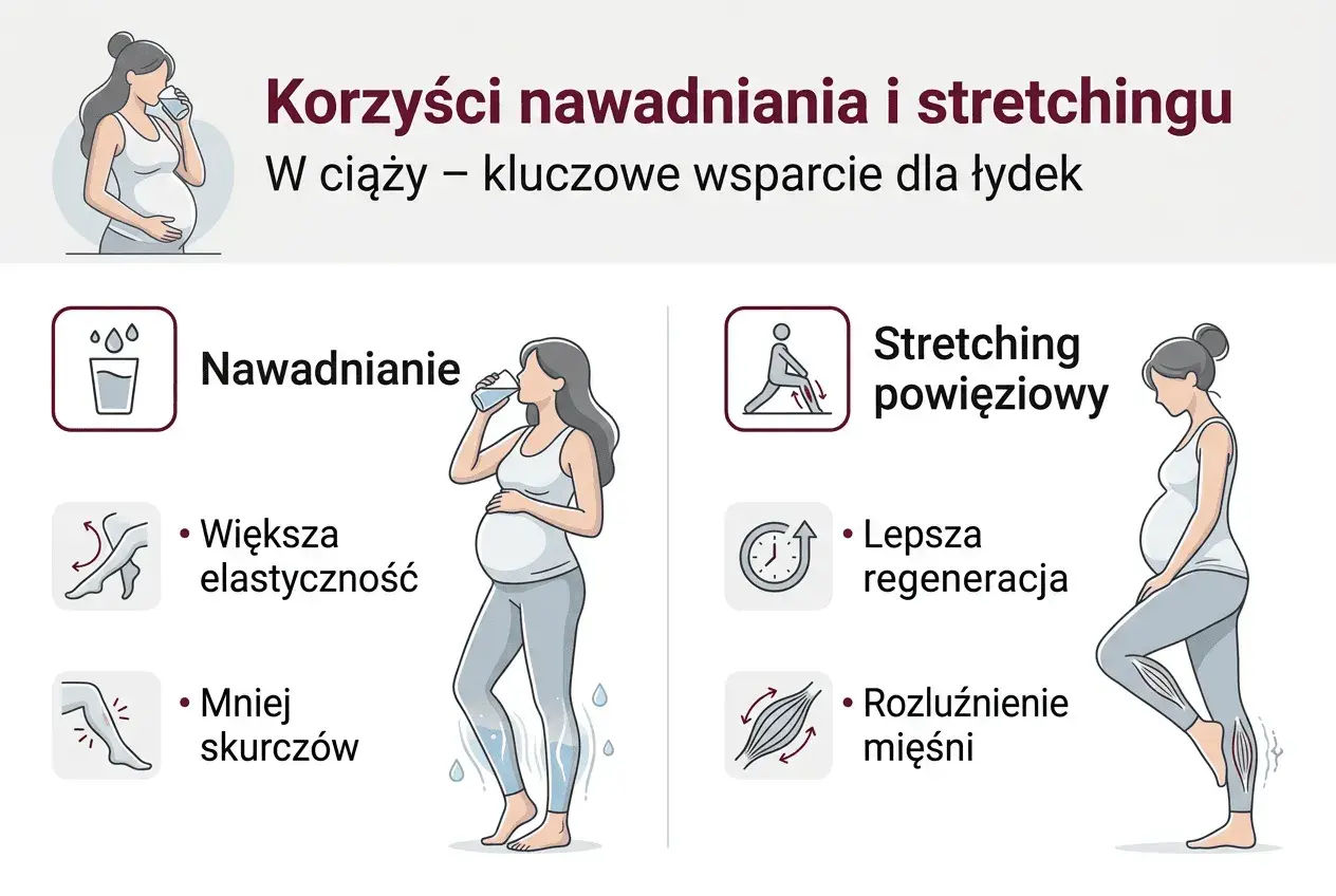 Ciąża: nawadnianie i stretching pomagają zapobiegać skurczom łydek, poprawiając elastyczność i regenerację mięśni.