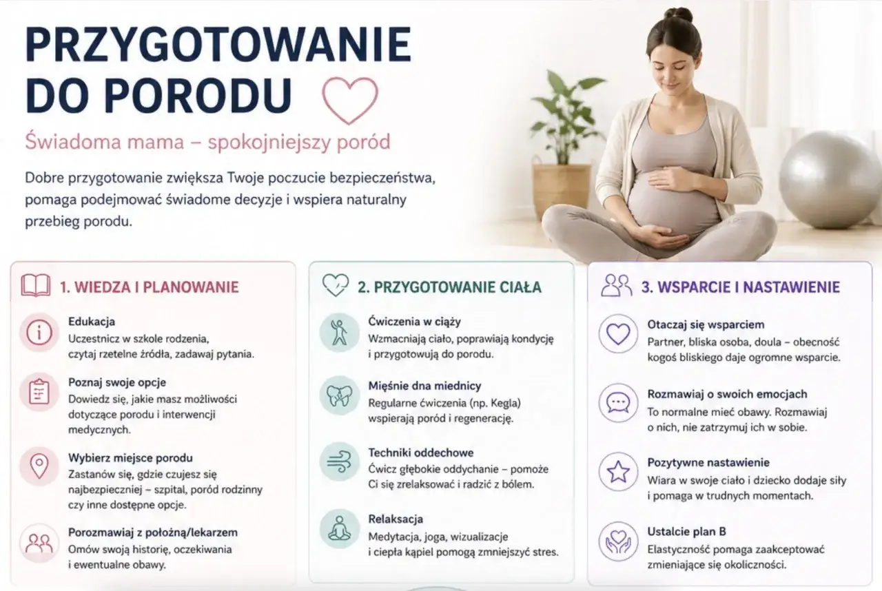 Kobieta w 39 tygodniu ciąży przygotowuje się do porodu, dbając o wiedzę, ciało i wsparcie.