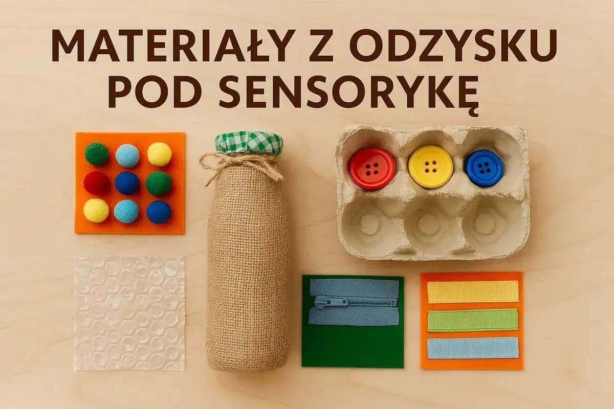 Kreatywne zabawy dla dzieci: pompony, guziki, suwak i wstążki do sensorycznych odkryć.