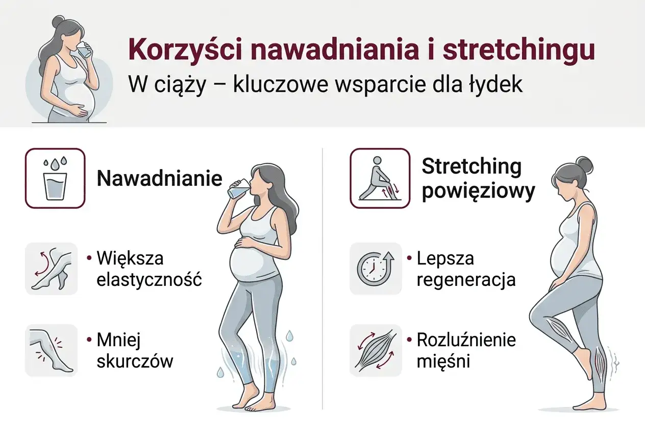 Ciąża: nawadnianie i stretching pomagają zapobiegać skurczom łydek, poprawiając elastyczność i regenerację mięśni.